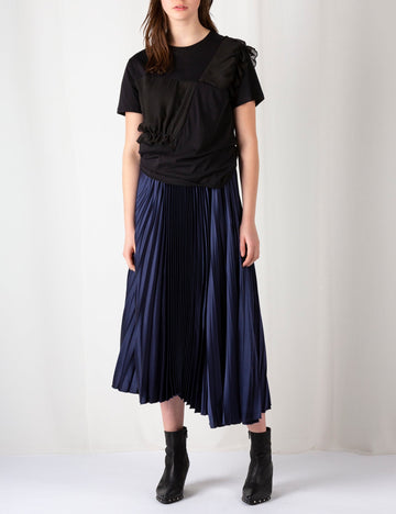Fringe | Skirt | Dark Navy. Satin maxi pleated circle skirt. Pleats stitched on top of the waistband. frenkenfashion.com