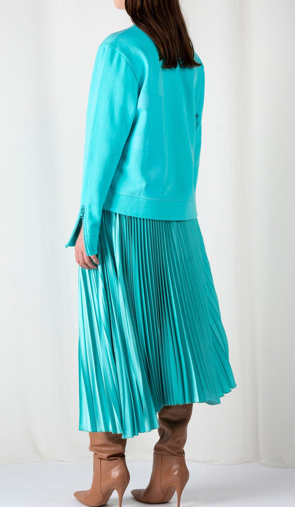 Fringe skirt, aqua color. Satin maxi pleated circle skirt. Pleats stitched on top of the waistband. frenkenfashion.com