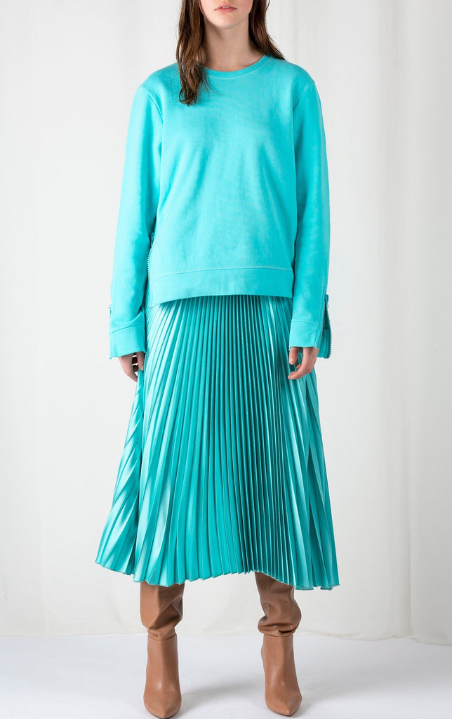 Fringe skirt, aqua color. Satin maxi pleated circle skirt. Pleats stitched on top of the waistband. frenkenfashion.com