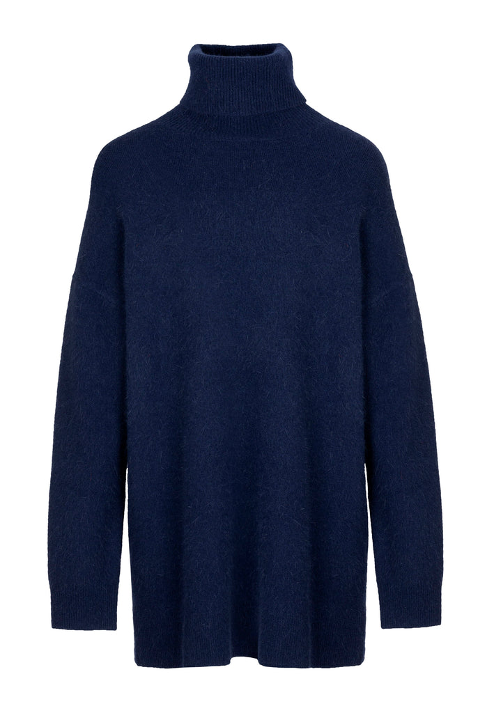 Ring knitted dress navy. Amsterdam fashion. Mega oversized turtleneck jumper dress finely knitted from fluffy care-gora.