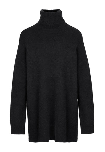 Ring knitted dress, black color. Dutch women clothes. Mega oversized turtleneck jumper dress finely knitted from fluffy care-gora.