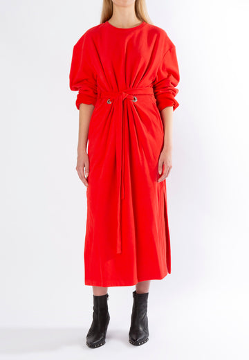 Rink | Dress | Fire Red. 100% cotton. Brushed soft jersey sweat midi dress. This sweater dress is as comfy and effortless. Long sleeves you can roll-up. Detailed with eyelets at the waist and a belt to give some shape.
