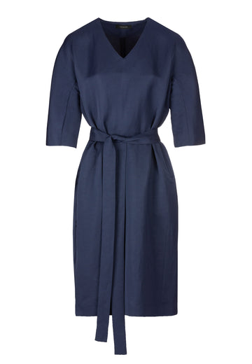 Navy dress. Fabric: 64% Linen, 36% Nylon. Easy wearing relaxed fitted midi dress, with a long belt. FRENKEN fashion brand