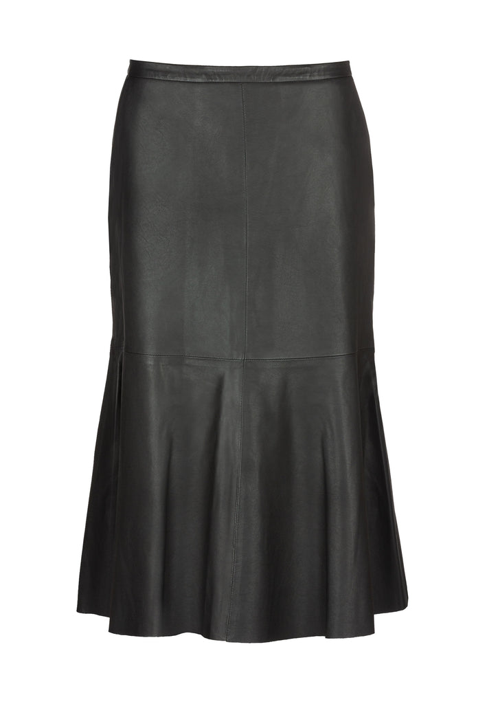 Circular black skirt. Midi slightly A-line skirt made from washed leather is cut to hug your curves. It's paneled with subtle ruching. Fabric: 100% Leather