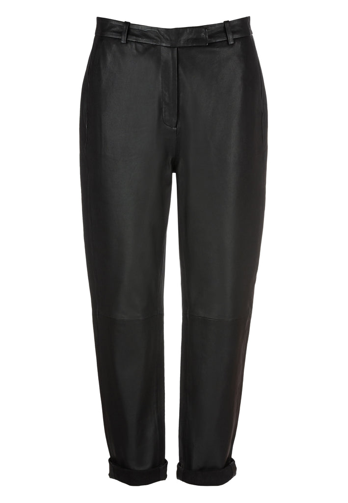 Black tumble pants. Made from the smoothest butter leather, Tumble is a slouchy pant style fitting loose. With a concealed zip and button, and side pockets, this is a timeless investment-worthy piece. Easy to style, this can be worn with sneakers or heels, shirts or sweaters.