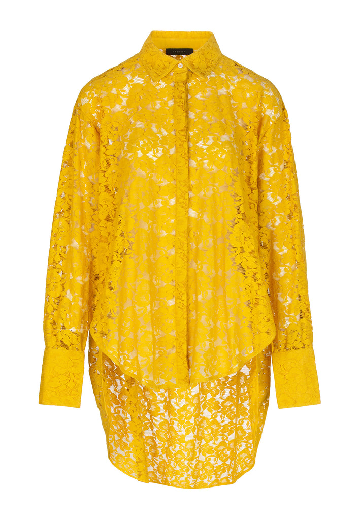 Lace | Shirt | Mustard. Oversized lace shirt in bright mustard yellow. Front panel smaller then back panel to give coverage in back and shape in the front. Side slits give the option to wear over or in pants.