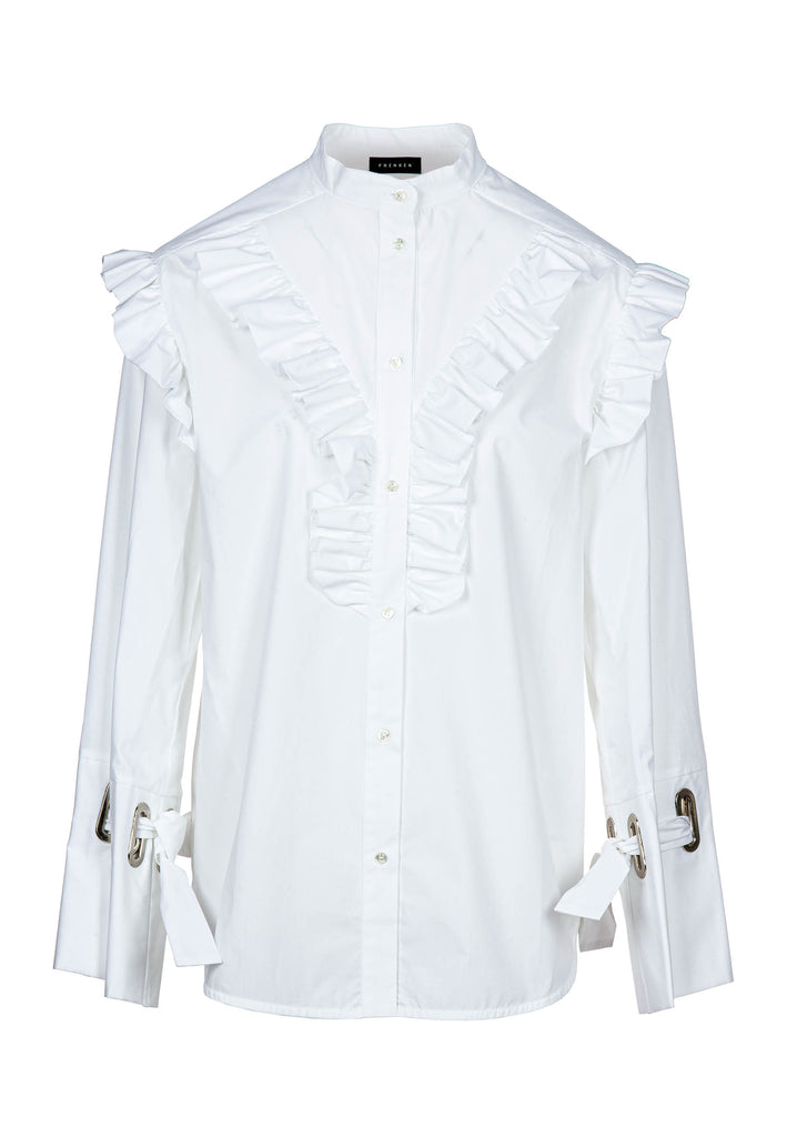 Ruffled | Shirt | White. 100% cotton. Ruffled shirt made from crisp cotton poplin. It has voluminous ruffled sleeves that create a dramatic silhouette. Detailed beautiful eyecatching specially designed eyelets with straps to create gathering at cuffs. This shirt goes with everything.