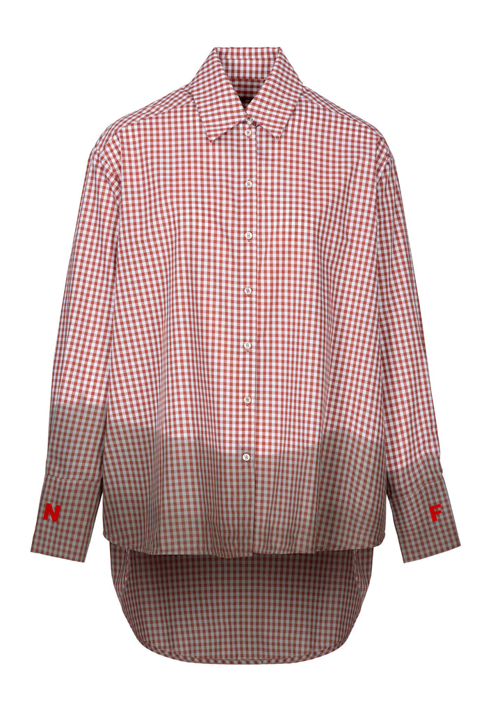 Dip | Shirt | Red Check. Oversized gingham crisp cotton poplin shirt is cut for an oversized fit from red and white. Hand-dipped at hem and cuffs. Logo-ed with a flock print at cuffs.