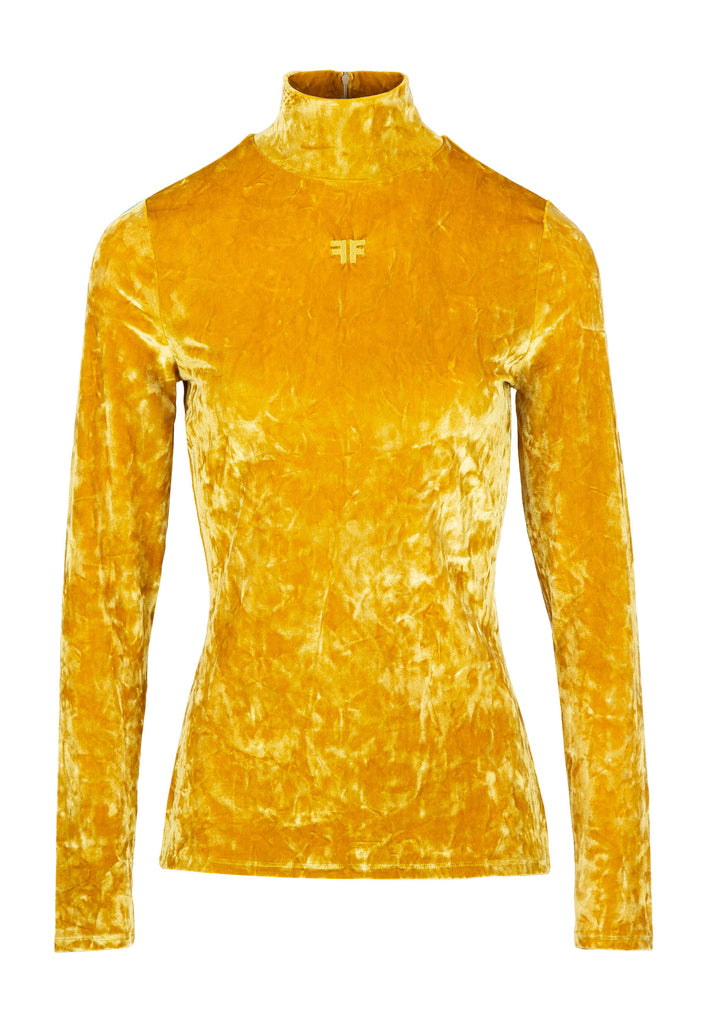Velvet | Top | Mustard. Stretch velvet collar in vibrant yellow mustard. Cut from lightweight velvet, it has a slim fit with a high turtleneck and long sleeves. Look closely and you'll see the fabric has a slightly shimmery finish.
