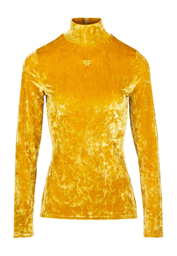 Velvet | Top | Mustard. Stretch velvet collar in vibrant yellow mustard. Cut from lightweight velvet, it has a slim fit with a high turtleneck and long sleeves. Look closely and you'll see the fabric has a slightly shimmery finish.