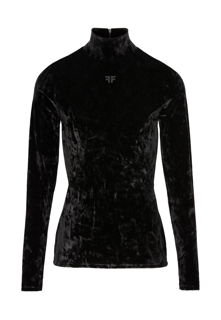 Velvet | Top | Black. 93% Polyester, 7% Elastane. Stretch velvet collar in black. Cut from lightweight velvet, it has a slim fit with a high turtleneck and long sleeves. Look closely and you'll see the fabric has a slightly shimmery finish.