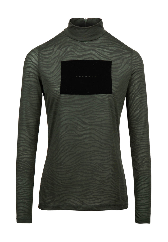 Forest knit. Turtle collar neck in black cur from lightweight blended jersey with flock print and velvet finishing. Look closely and you'll see the fabric has a slightly shimmery finish. Fabric: 60% Polyester, 40% Viscose