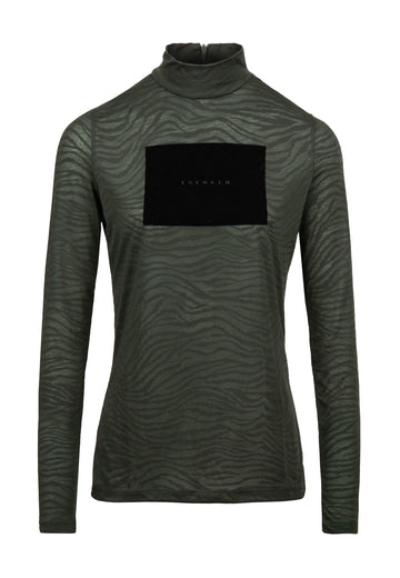 Forest knit. Turtle collar neck in black cur from lightweight blended jersey with flock print and velvet finishing. Look closely and you'll see the fabric has a slightly shimmery finish. Fabric: 60% Polyester, 40% Viscose