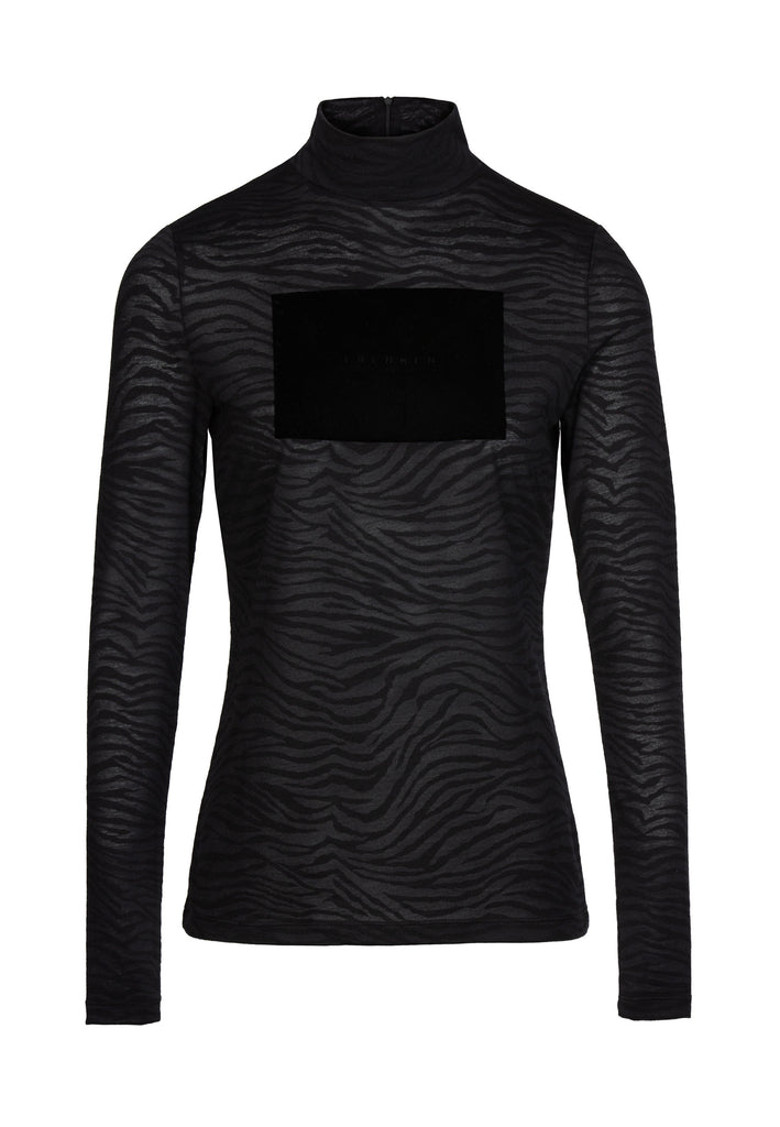 Black knit. Turtle collar neck in black cur from lightweight blended jersey with flock print and velvet finishing. Look closely and you'll see the fabric has a slightly shimmery finish.