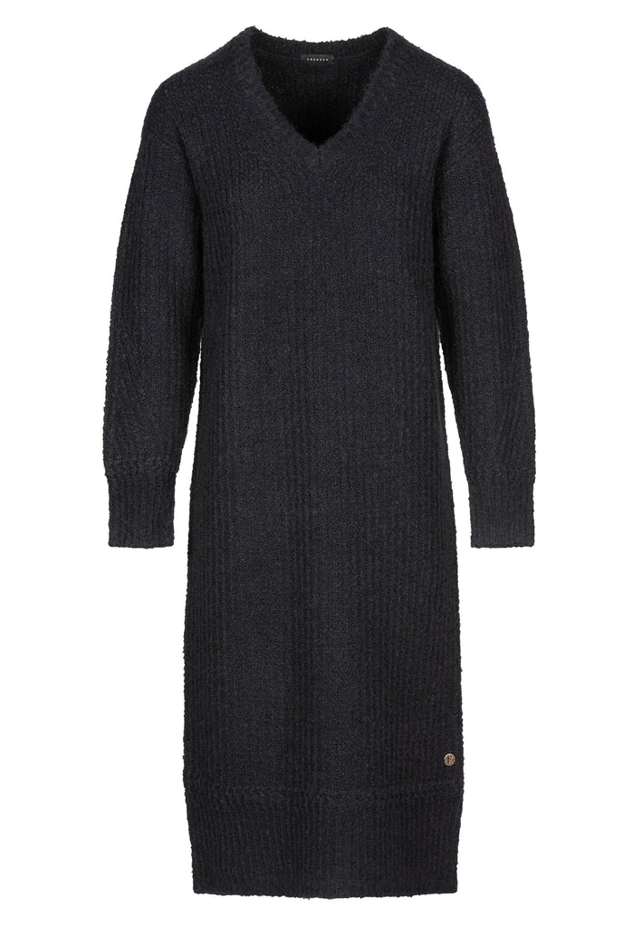 Long knitwear, black color. Relaxed fitted dress finely knitted from fluffy alpaca. This V-neck style is long and great option for cooler weather.