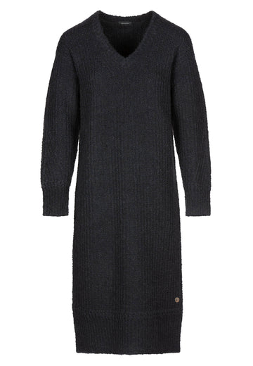 Long knitwear, black color. Relaxed fitted dress finely knitted from fluffy alpaca. This V-neck style is long and great option for cooler weather.