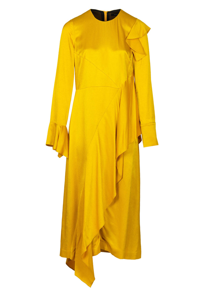 Image of flag dress, mustard color. Asymmetric ruffle dress cut from textured satin. Drapey relaxed fit, made from the finest viscose wool blend. Stand out in a vibrant yellow mustard-colored dress. frenkenfashion.com