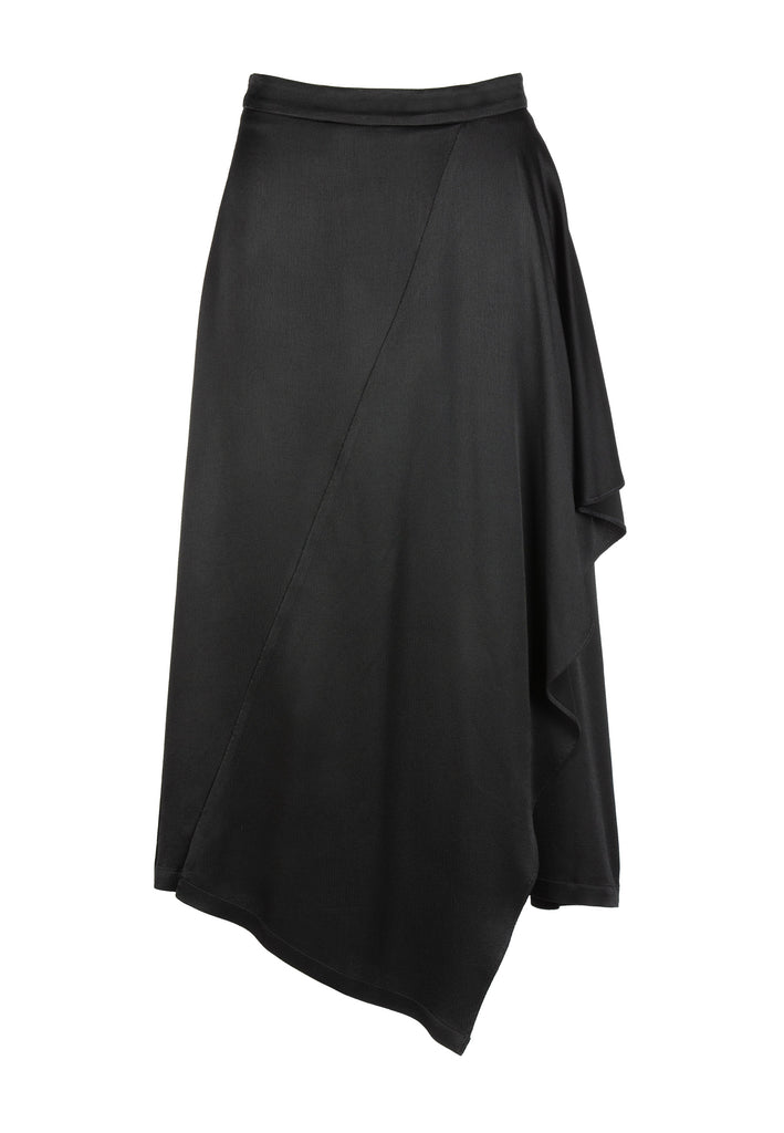 Flapped | Skirt | Black. Asymmetric ruffle midi skirt cut from fluid textured satin. This skirt sits on your natural waist and falls to an asymmetric hem that beautifully sways with each step. Model wears a size 36.