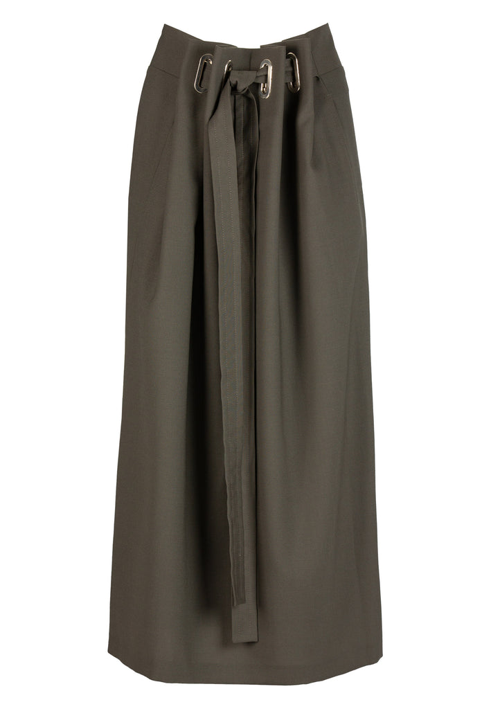 Smocked | Skirt | Forest. Dutch women clothes. Midi skirt with special developed chunky eyelets at the waist. An exaggerated silhouette cut from the finest suiting wool blend.