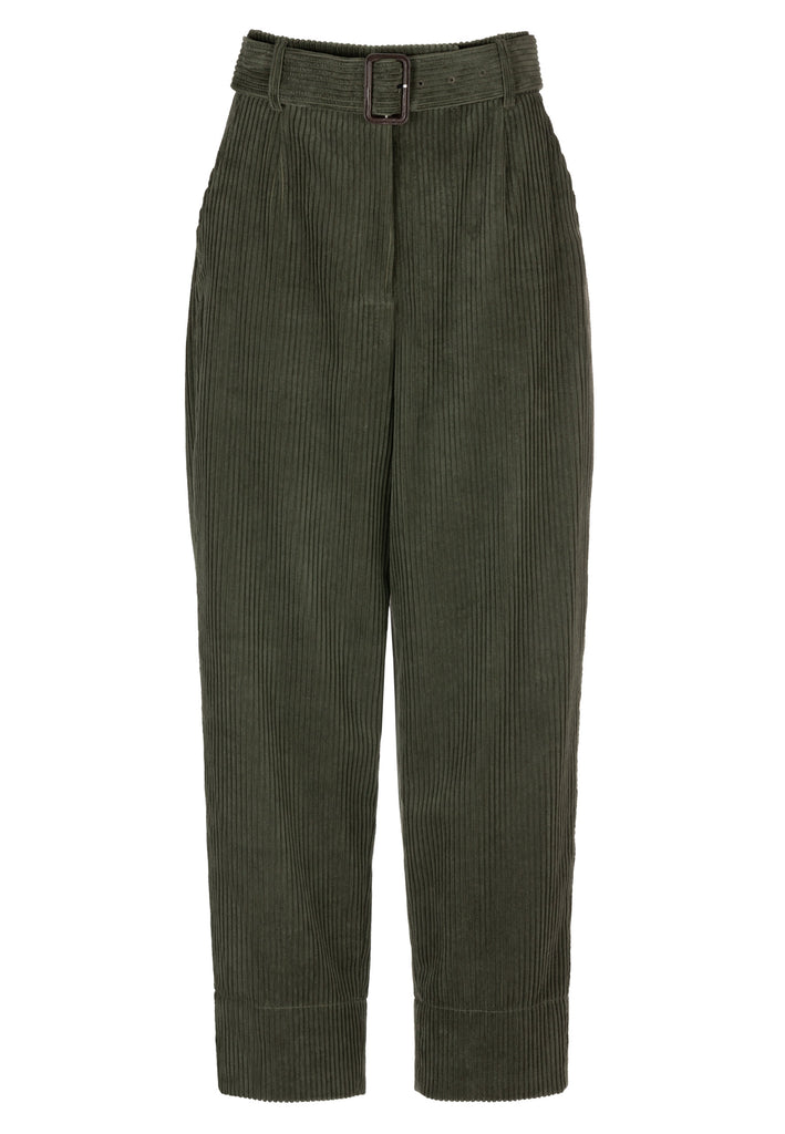 Corduroy. Forest pants. Belted cotton corduroy pants. This pair sits high on the waist and falls to cropped, straight hems. With an adjustable belt. Al in forest green. Fabric: 100% Cotton