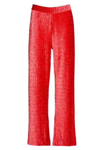 Plisse | Pants | Fire Red. Crushed velvet pants. The straight long leg slouchy fit is effortlessly cool. Pair them with our VELVET turtleneck, or team yours with a striking blazer and pointy pumps. Made from velvet that's crushed to create even more depth of color and blended with elastane for a stretchy comfort fit