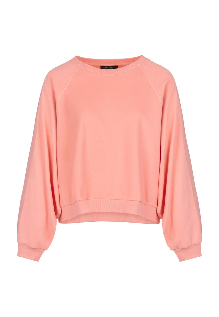 Etappe knitted top, rose color. Women clothing. Sweater cut in a boxy silhouette. Made from a brushed soft jersey. Detailed with a rubber print on top of the sleeve.