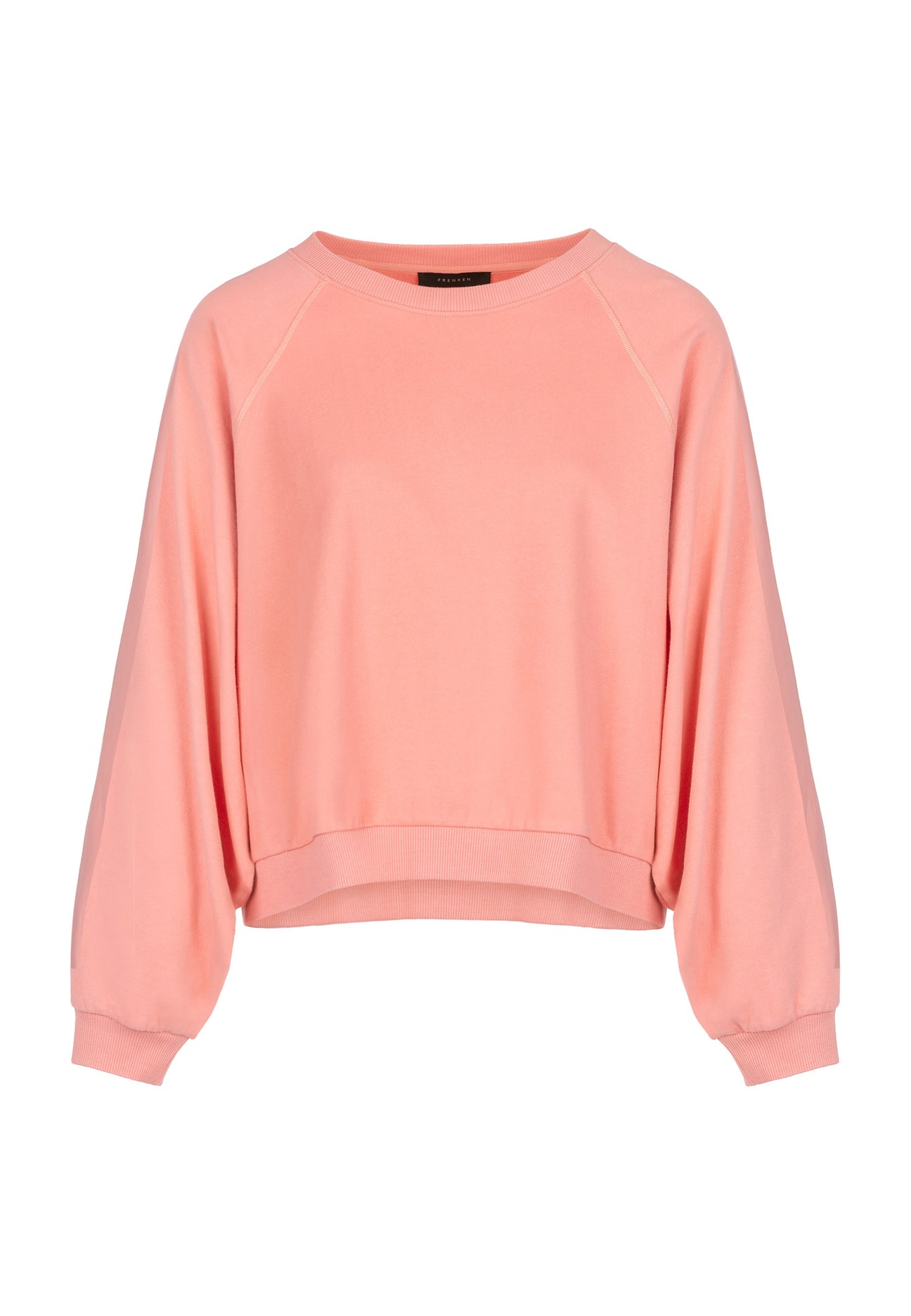 Etappe knitted top, rose color. Women clothing. Sweater cut in a boxy silhouette. Made from a brushed soft jersey. Detailed with a rubber print on top of the sleeve.