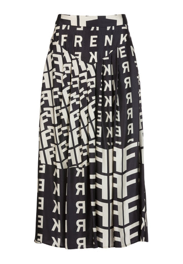 Race | Skirt | Black-Aop. Midi skirt with graphic FRENKEN logo allover print. It's cut from flowy satin. Mid flaring skirt softly pleated to create the most graceful movement. It has a fitted waistband.