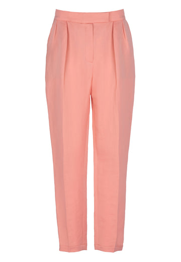 Street No Logo | Trouser | Rose. Slightly cropped tailored trousers with front pleat. Cut from a soft bright rose linen blend. Dutch women clothes