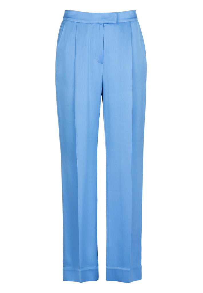 Dakar trouser, sky color. Straight long leg pants are cut from fluid satin for a languid fit. Made in a fresh and vibrant sky blue. 