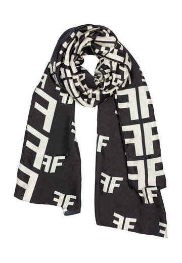 Scarf | Black-Aop. Scarf with graphic FRENKEN logo allover print. It's cut from flowy viscose. Wear it everywhere, from the office to the drinks.