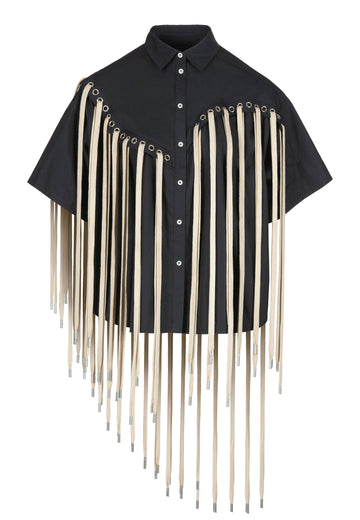 Black star shirt. Oversized shirt with eyelets shoelaces is detailed with round seams, cute from cotton-poplin. The chunky shoelaces are finished with a beautiful metal cap. This style is called STAR with a reason.