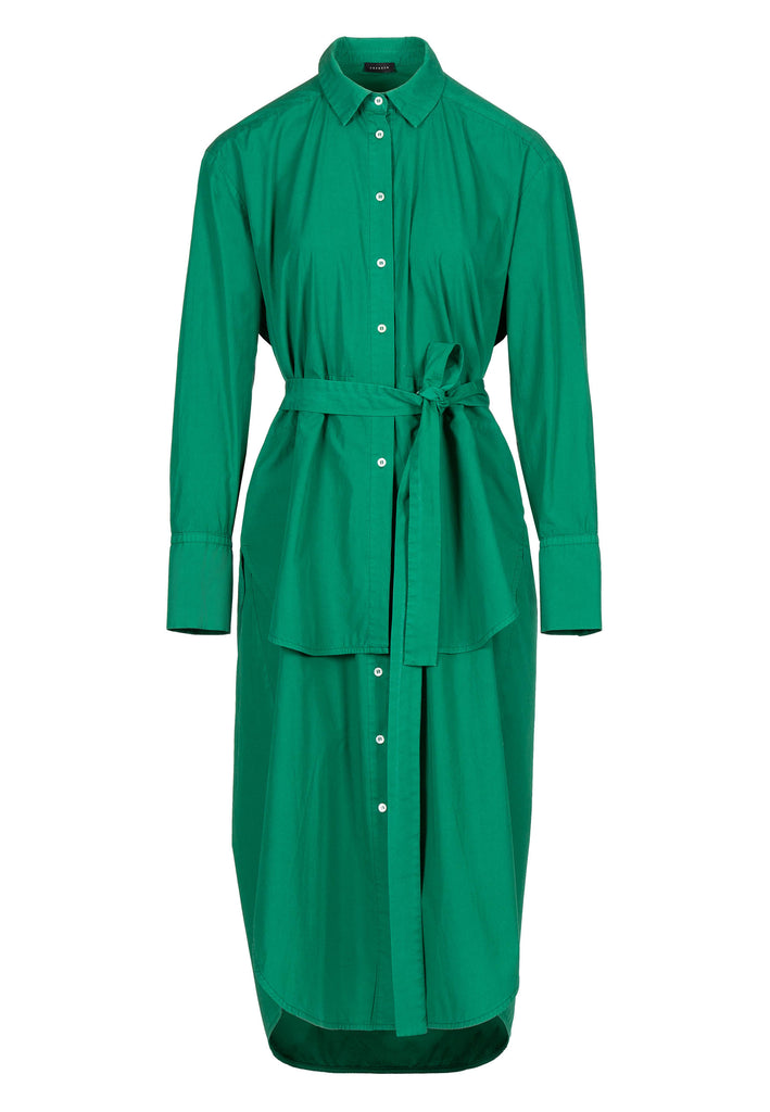 Two Parts | Dress | Green. Maxi dress made of crisp cotton-poplin, designed for an oversized fit. This shirt dress is composed of two layer length. Optional detachable upper shirt part. Use the self tie belt to cinch the waist for a fitted silhouette. Wear it with heels or sneakers for a relaxed look.