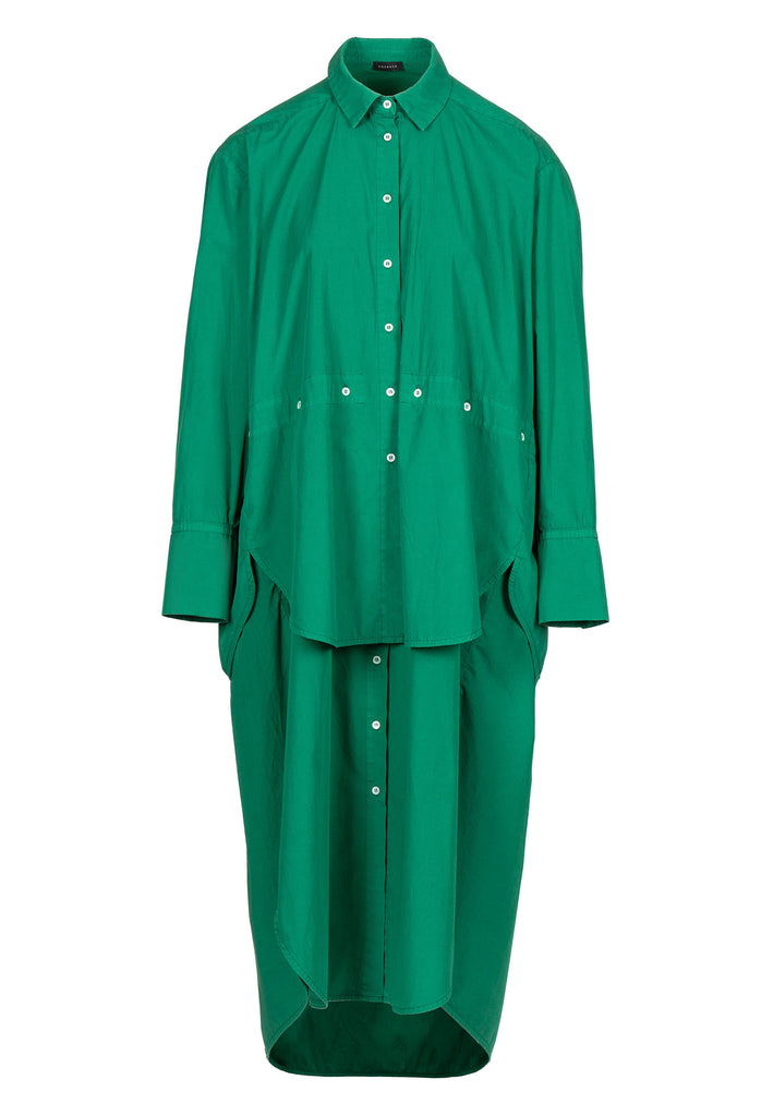 Two Parts | Dress | Green. Maxi dress made of crisp cotton-poplin, designed for an oversized fit. This shirt dress is composed of two layer length. Optional detachable upper shirt part. Use the self tie belt to cinch the waist for a fitted silhouette. Wear it with heels or sneakers for a relaxed look.