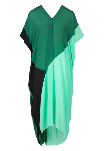 Often | Dress | Multi Green. Asymmetric fringed draped silk dress.Is designed in various gorgeous green hues surprisingly detailed at the back with asymmetrically placed fringes. It is made from fluid silk crepe de chine that floats towards the floor.