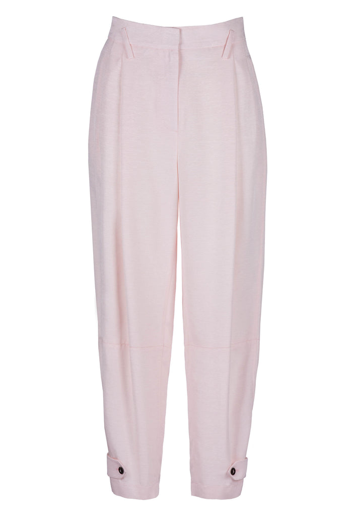 Image of pink trouser, crop. High waist cropped chino inspired pants. Detailed with pleats at the waist ankle and straps at the Made from xxx they are an intense lustrous green shade. It can be styled with matching blazer a heal, a loafer, or sneakers. frenkenfashion.com