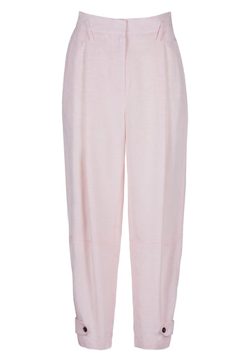 Image of pink trouser, crop. High waist cropped chino inspired pants. Detailed with pleats at the waist ankle and straps at the Made from xxx they are an intense lustrous green shade. It can be styled with matching blazer a heal, a loafer, or sneakers. frenkenfashion.com