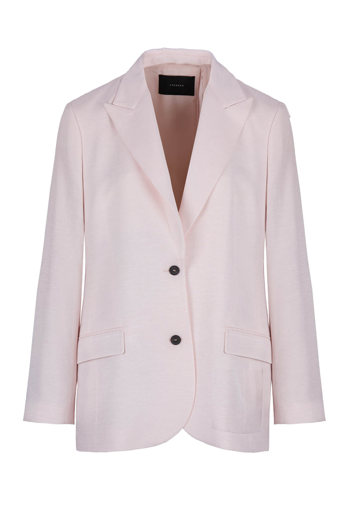 Dropped | Jacket | Pink. Oversized silhouette men's inspired blazer along with streamlined darting and classic lapels. Turn this blazer around to reveal the exaggerated split at the back with button closure. Made from viscose, it has a light lustrous pink shade.