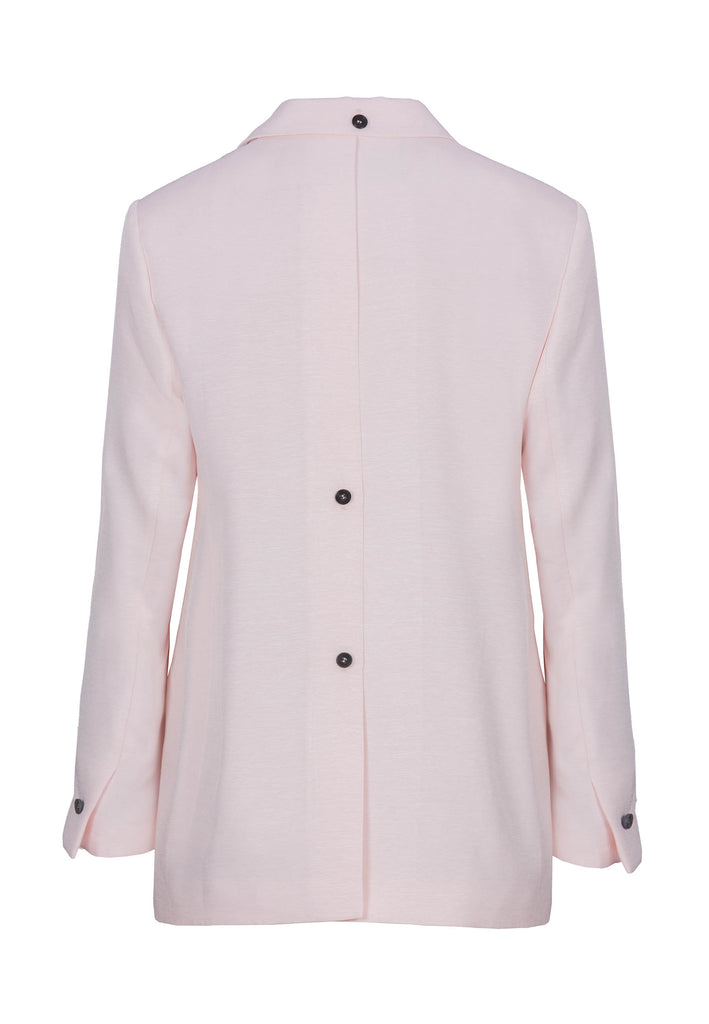 Dropped | Jacket | Pink. Oversized silhouette men's inspired blazer along with streamlined darting and classic lapels. Turn this blazer around to reveal the exaggerated split at the back with button closure. Made from viscose, it has a light lustrous pink shade.