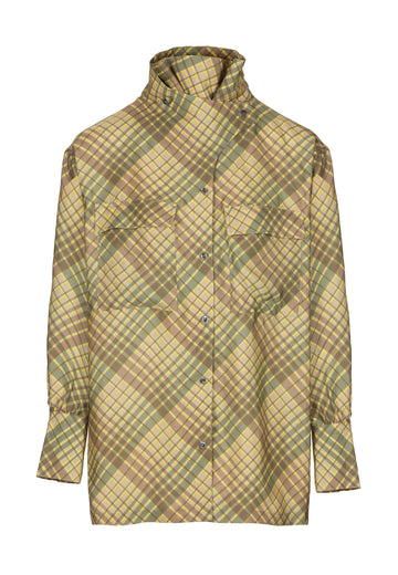 SENTIMENT | TOP | BROWN CHECK. This blouse has a draped silhouette cut for a roomy fit and utilitarian detailing. Handmade check print. The natural hues will work so well with neutral tones and indigo.