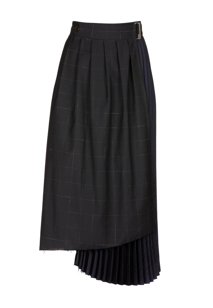 Crush skirt, navy color. Asymmetric deconstructed wrapped midi skirt. Detailed with raw edge at hem, a horn button and silver buckle at the waist. frenkenfashion.com