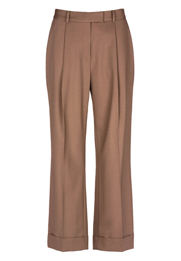 Detail pants, camel color. Tailored cropped straight-leg pants. Cut from a very comfortable wearing airy slightly stretched wool-blend. Expertly made in Portugal. The straight leg shape is accentuated by neatly pressed creases. Perfect with an oversized shirt and our matching blazer WEEL or DROP-OUT.