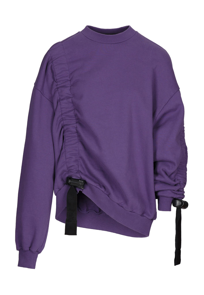 Featuring the color of this season, the purple Stripe is an update of a regular sweatshirt. Oversized with dropped and round shoulders, made with a brushed cotton french terry, this will keep you warm, looking effortlessly cool. Detailed with one black grosgrain tape crossing the front panel and another one at the sleeve side seam.