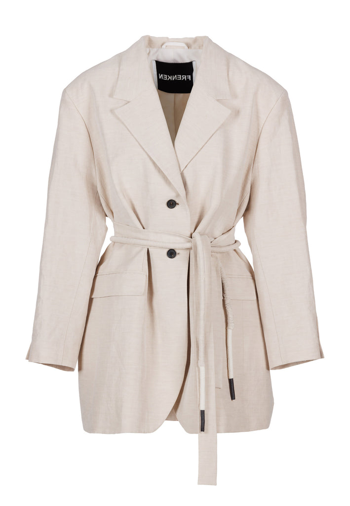 FRENKEN Cliff oversized and round-shouldered beige blazer with front pockets, classic front buttons and cufflinks. It has a beige string and strap for you to tie it to your liking. Tie it at the smallest part of your waist to define your figure or tie it back to temper the oversized fit for a loose feel. Aso available in black.