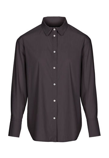 FRENKEN cotton poplin shirt with classic stand collar and button fly-front in choco color. Specially detailed at the back yoke, with the two pannels being joint by a self-fabric string that leaves an elegant cut-out.