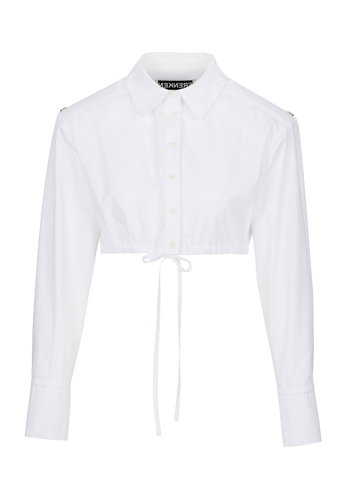 FRENKEN's Best shirt is a directional take on a classic. Cut from white crisp cotton-poplin, it's cropped and gathered at the bust. It has a thin cord closure at the bottom. Sharply padded shoulders detailed with push buttons.