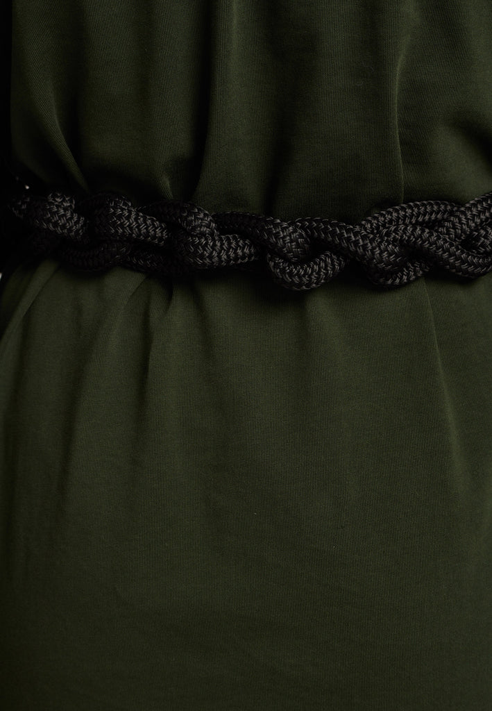 FRENKEN oversized jersey dress with long wide sleeves crafted in soft light dark green cotton, detailed with this season's cord theme. The chunky cords are displayed along the sleeves and can be pulled out to create shape and to shorten the sleeves, making the most of this statement style. The cord ends are hand frayed, a refined couture detail.