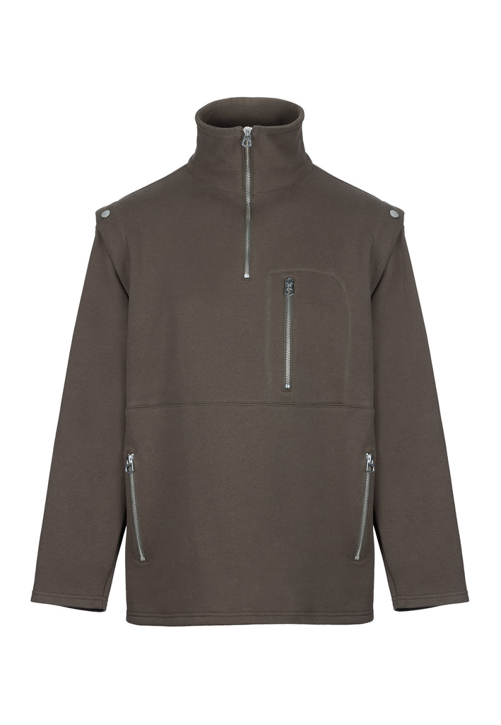 Boxy fitted sweater in dark camel with detachable sleeves to play with. Silver hardwear, zippers and metal press buttons. Detailed with stiched lines.