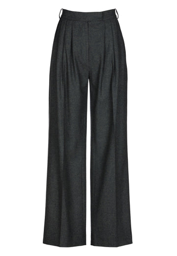 Pleated high-rise pants with wide-leg fitting made of a soft wool blend flannel in dark green. It's designed to move beautifully as you walk. Back welt pockets. Menswear-inspired tailored waistband. One of the chicest ways to wear relaxed tailoring.