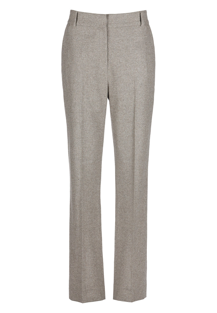 Mid-rise straight-leg pants that create a sleek silhouette. Made from a soft wool blend in stone with back welt pockets. Menswear-inspired tailored waistband. Pressed front pleat that elongates the leg for a sophisticated fitting.